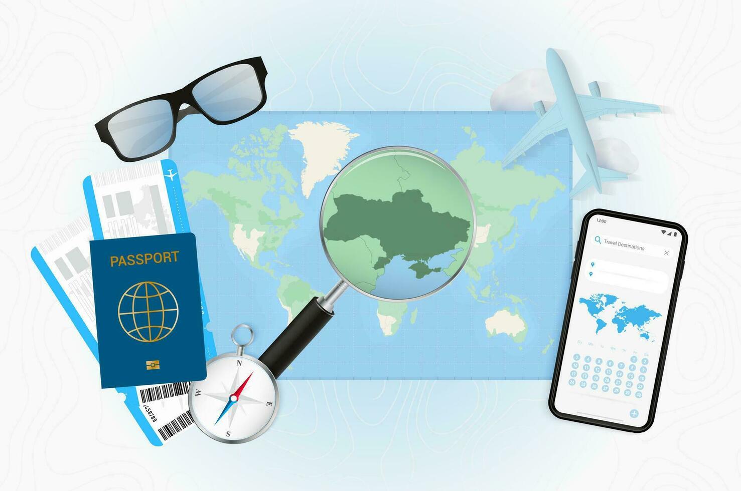 Conceptual illustration of a trip to Ukraine with travel gear. vector