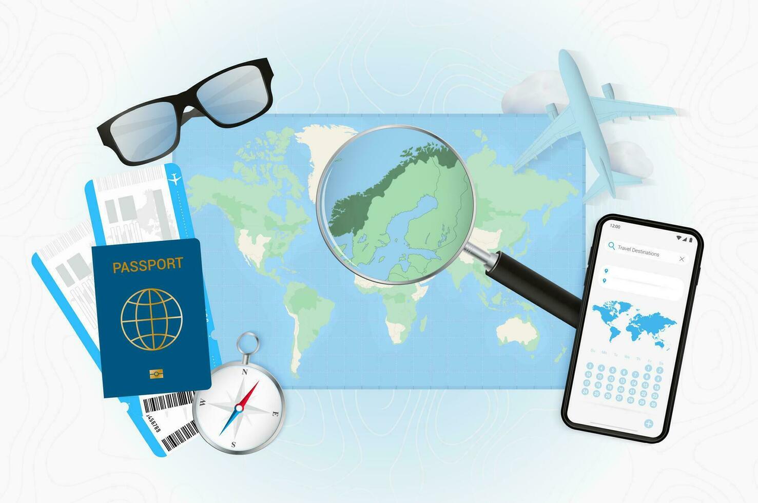 Conceptual illustration of a trip to Norway with travel gear. vector