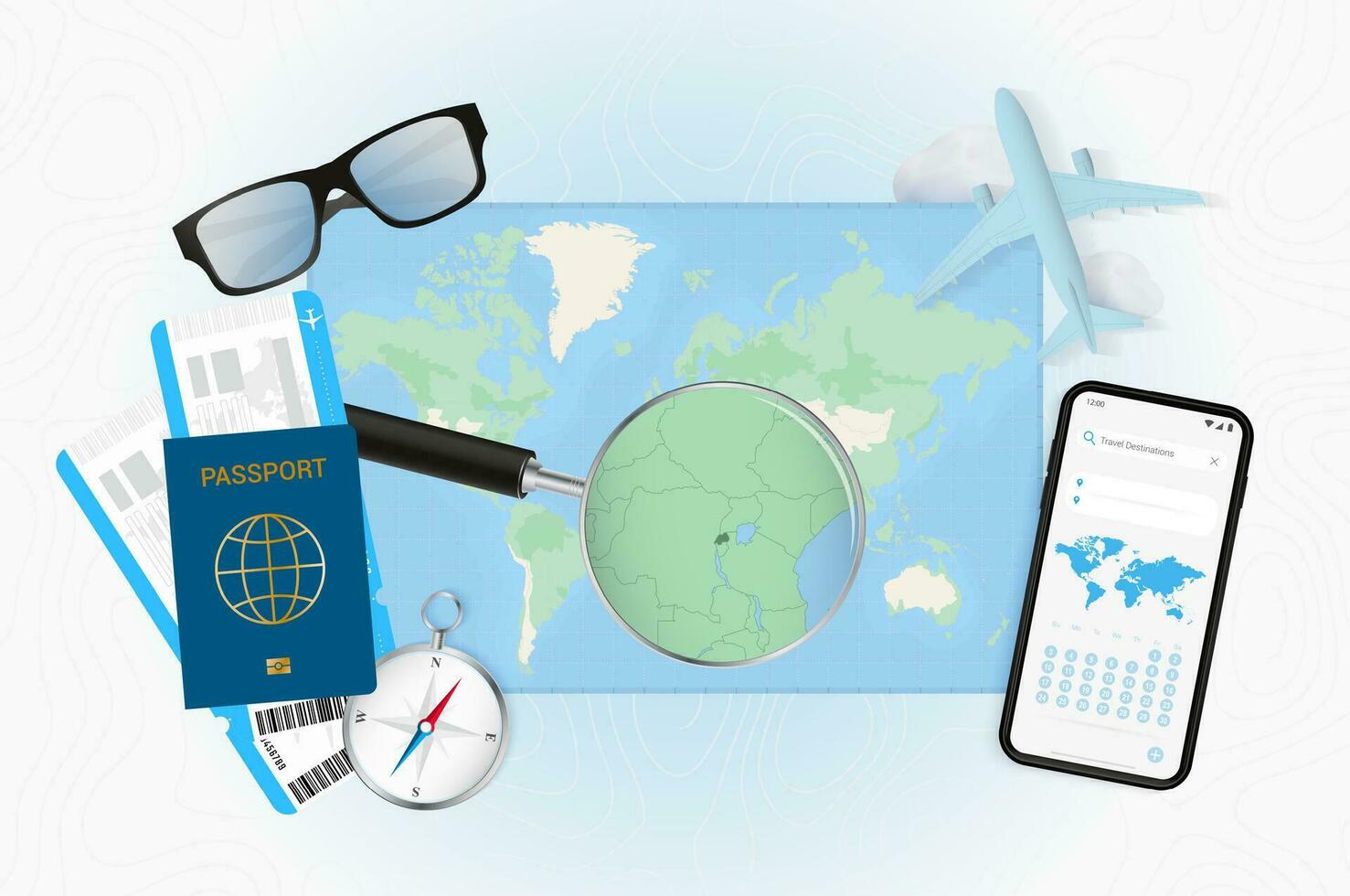 Conceptual illustration of a trip to Rwanda with travel gear. vector