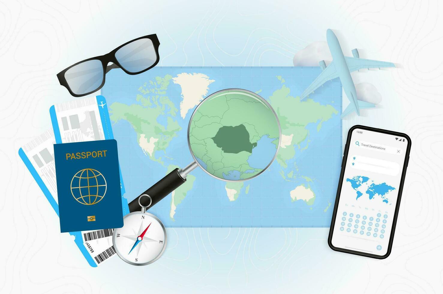Conceptual illustration of a trip to Romania with travel gear. vector