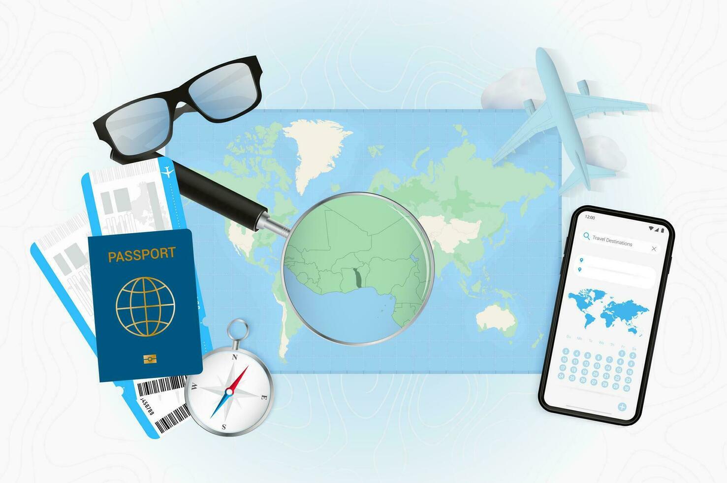 Conceptual illustration of a trip to Togo with travel gear. vector