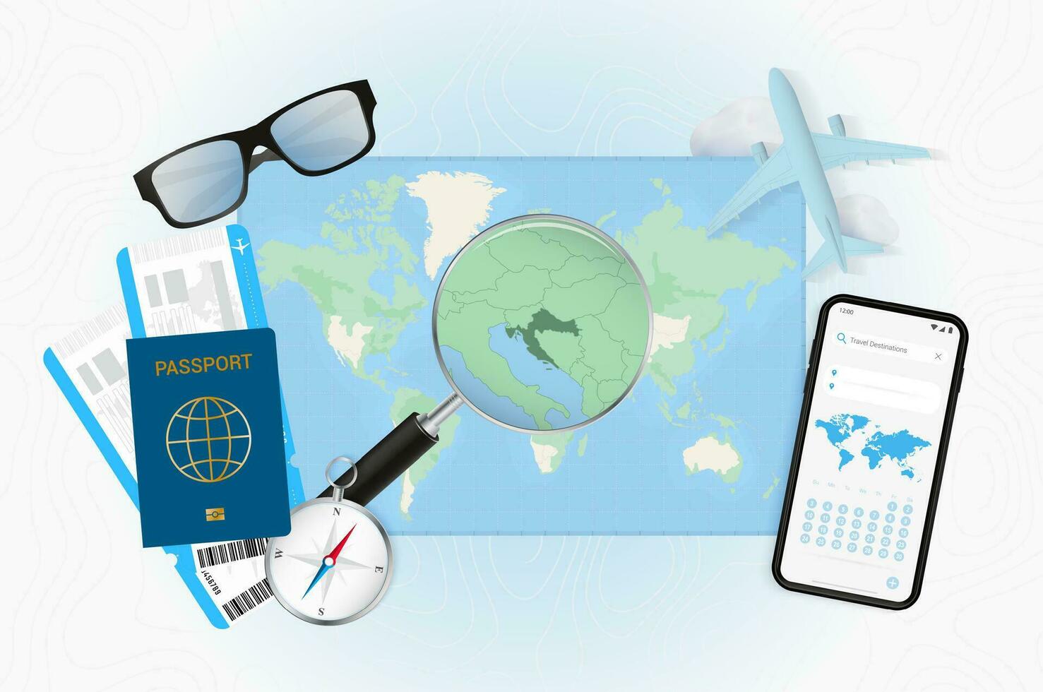 Conceptual illustration of a trip to Croatia with travel gear. vector