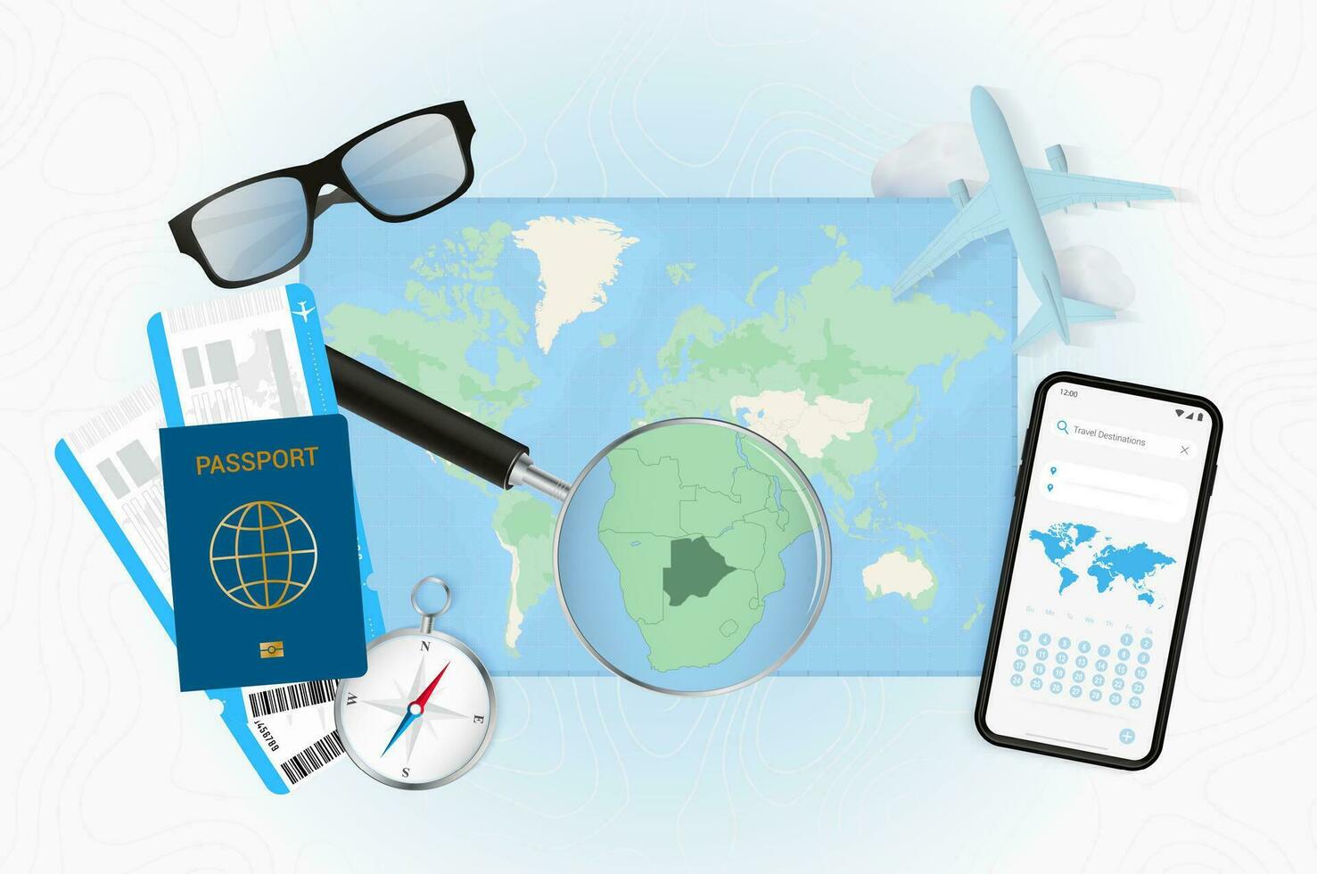 Conceptual illustration of a trip to Botswana with travel gear. vector