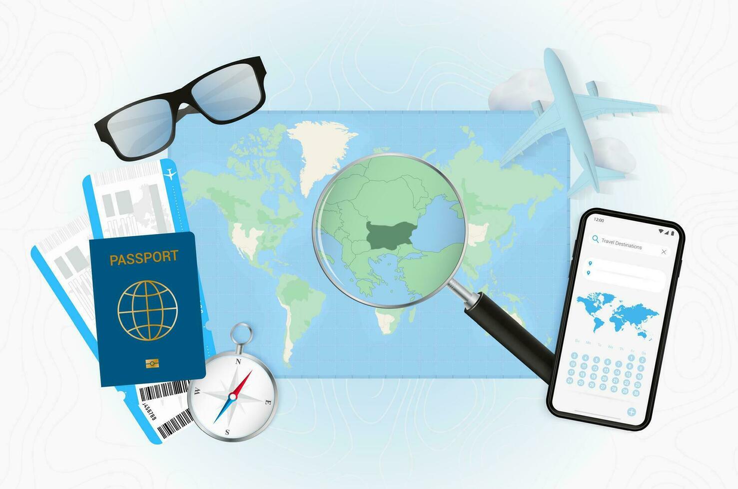 Conceptual illustration of a trip to Bulgaria with travel gear. vector