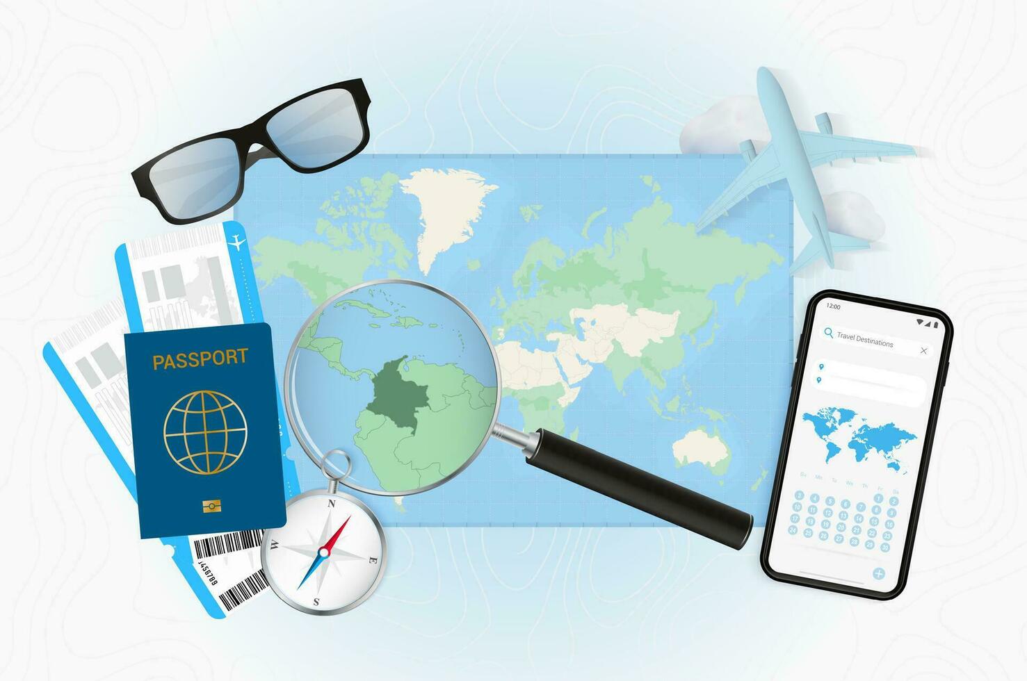 Conceptual illustration of a trip to Colombia with travel gear. vector