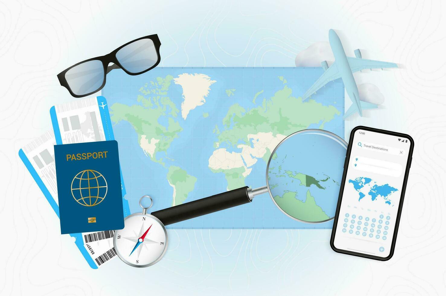 Conceptual illustration of a trip to Papua New Guinea with travel gear. vector