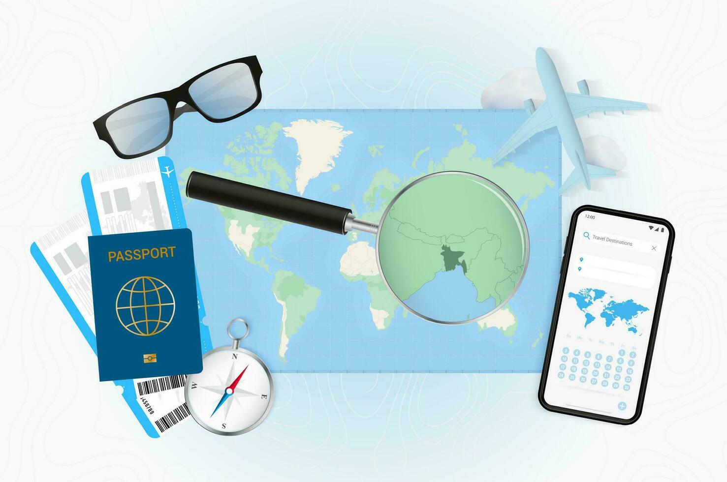 Conceptual illustration of a trip to Bangladesh with travel gear. vector