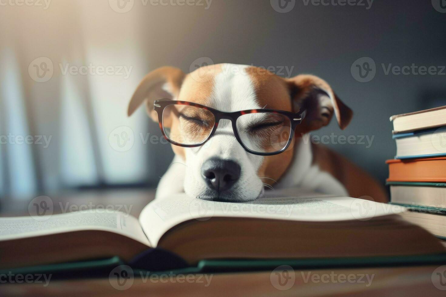 Dog asleep reading. Generate Ai photo