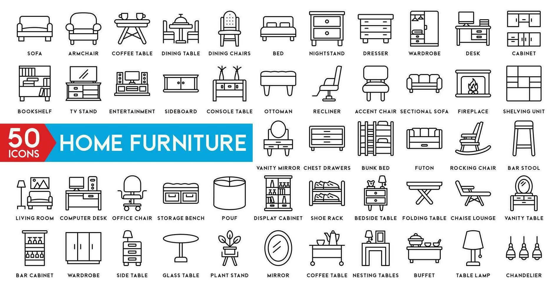 home furniture icon set. Home interior, linear icons. Piece of furniture for the living room, bedroom, office, workplace, children's room and kitchen. vector