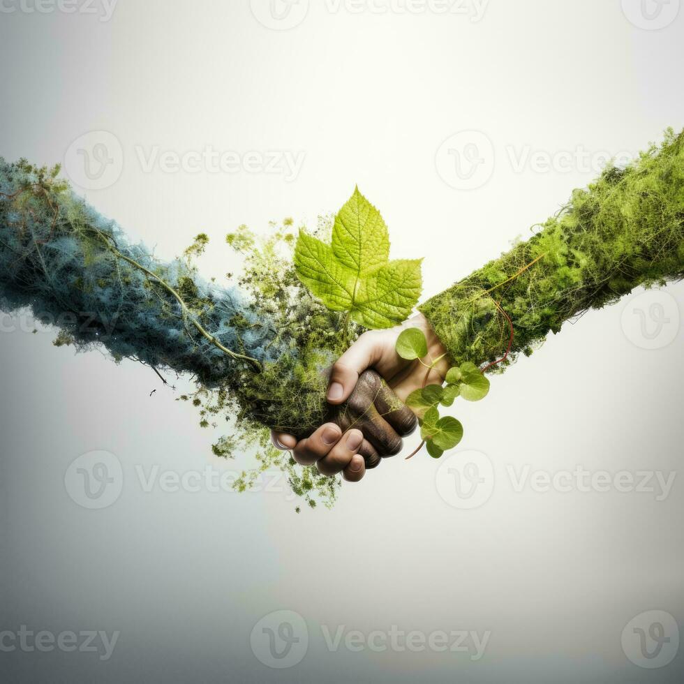 Ecological concept. Shaking hands between nature and human photo