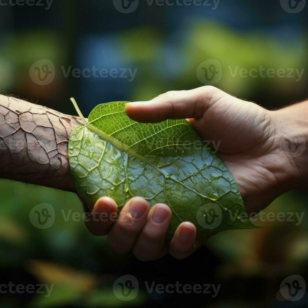 Ecological concept. Shaking hands between nature and human photo