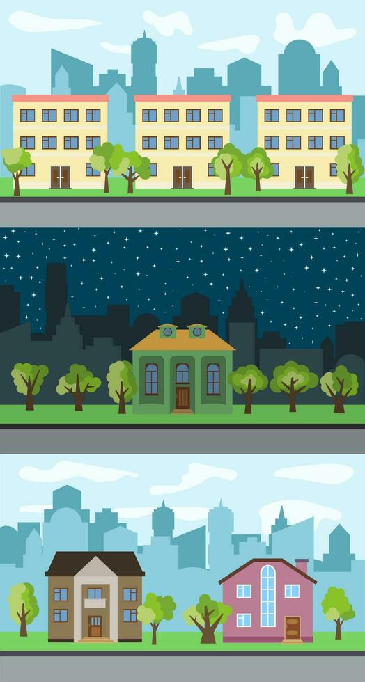 Set of three vector illustrations of city street with cartoon houses and trees. Summer urban landscape. Street view with cityscape on a background