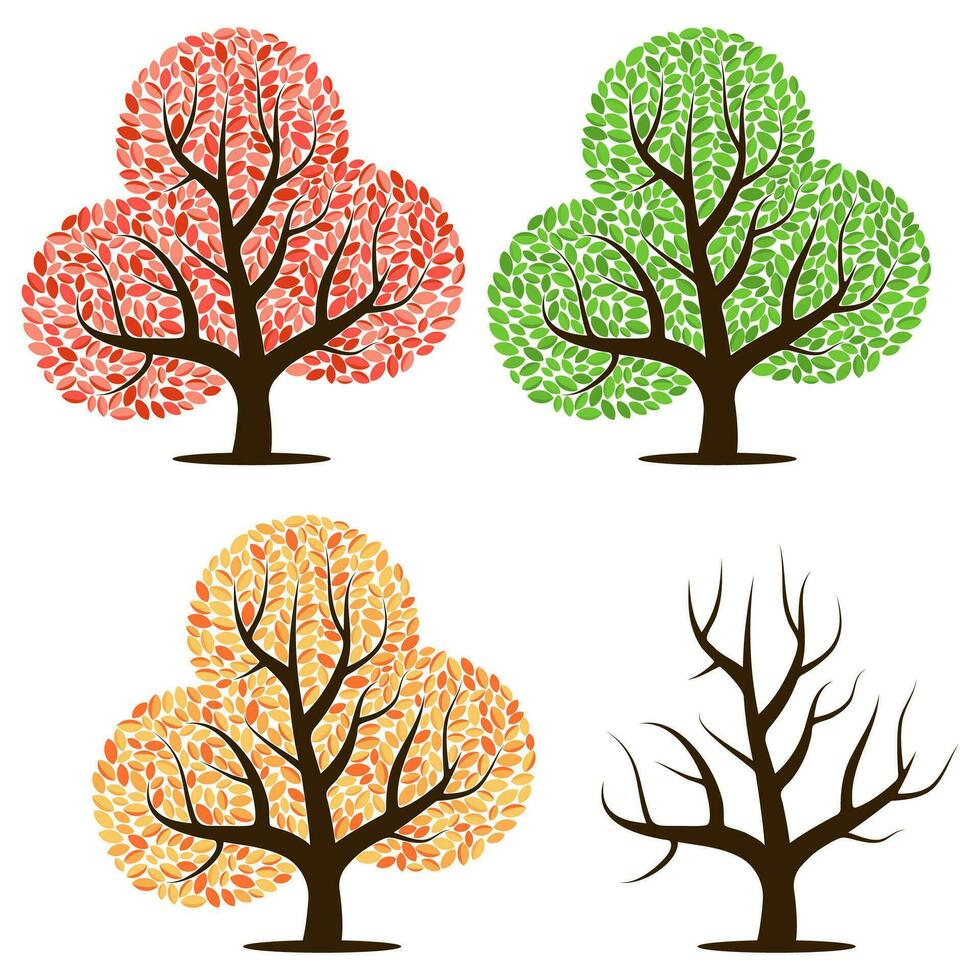 cuatro arboles con verde, rojo, amarillo hojas y sin hojas. vector ilustración aislado en un blanco antecedentes