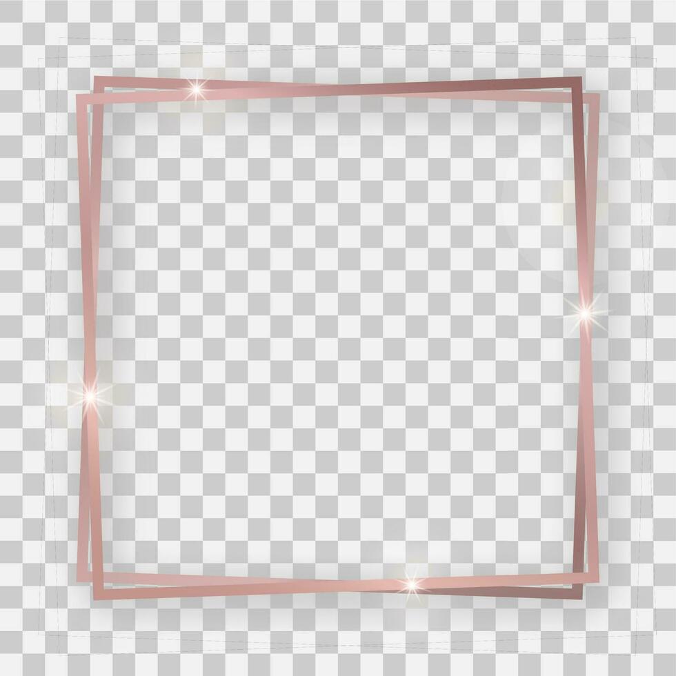 Double rose gold shiny square frame with glowing effects and shadows vector