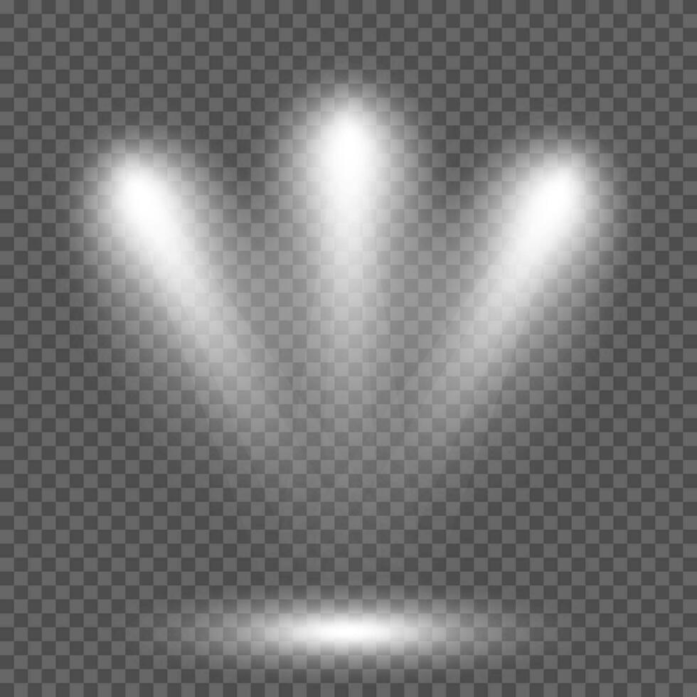Cold white lighting with three spotlights. Scene illumination effects on a dark vector