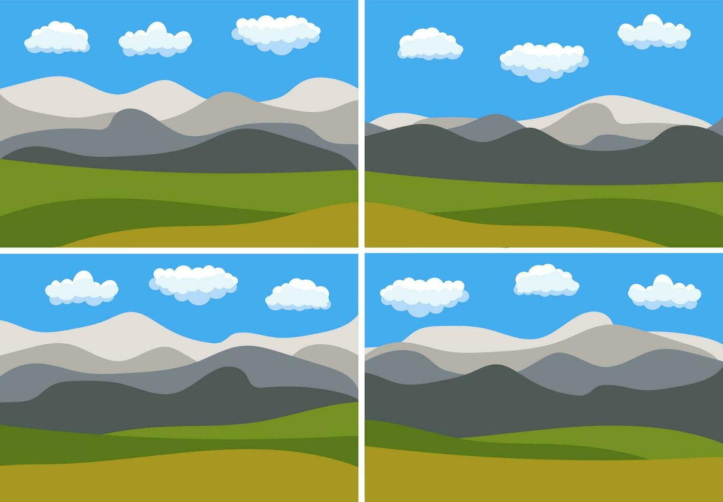 Set of four images with natural cartoon landscapes in the flat style with blue sky, clouds, hills and mountains. Vector illustration