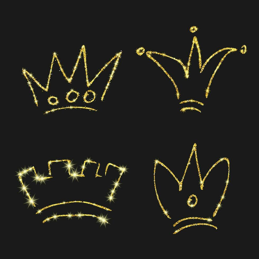 oro Brillantina mano dibujado corona. conjunto de cuatro sencillo pintada bocetos reina o Rey coronas real imperial coronación y monarca símbolo vector