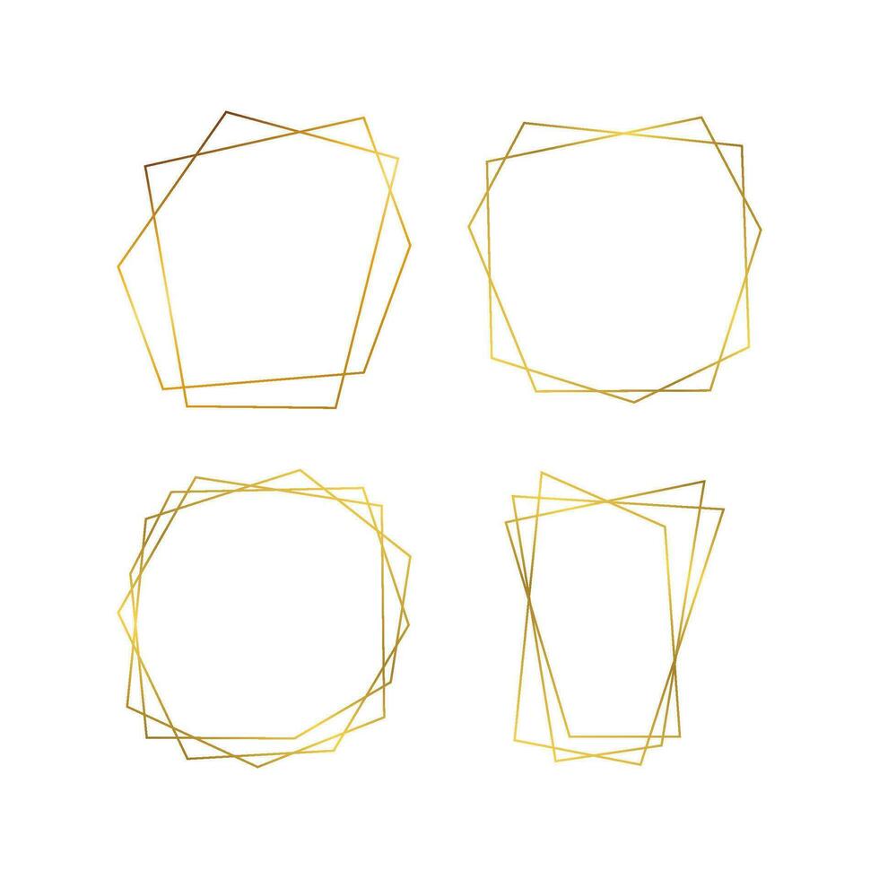 Set of four gold geometric polygonal frames with shining effects isolated on white background. Empty glowing art deco backdrop. Vector illustration.