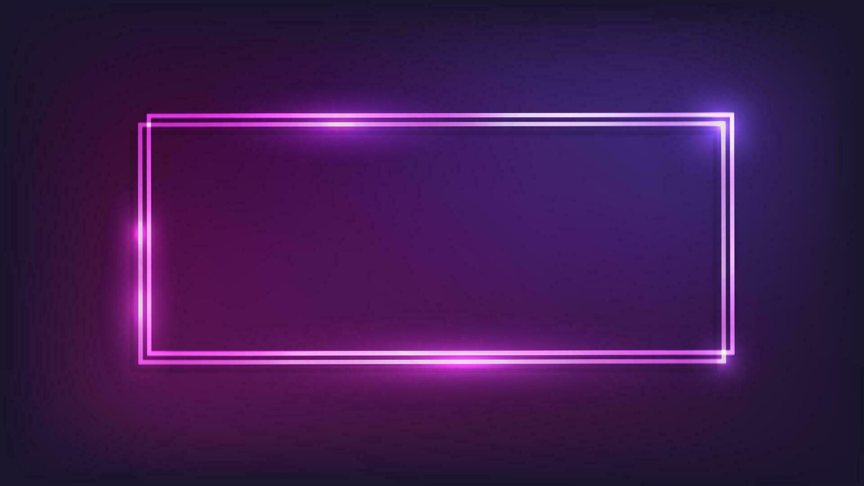 Neon double rectangular frame with shining effects on dark background. Empty glowing techno backdrop. Vector illustration.