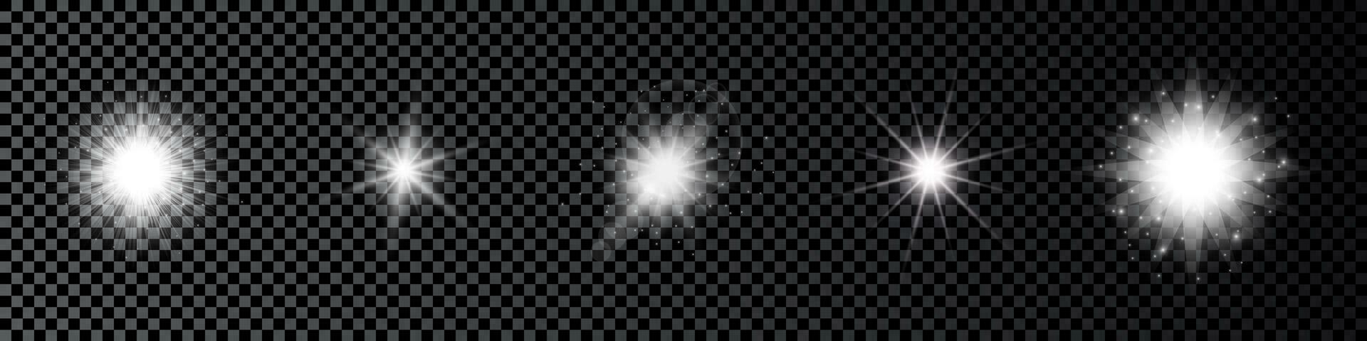 Light effect of lens flares. Set of five white glowing lights starburst effects with sparkles vector