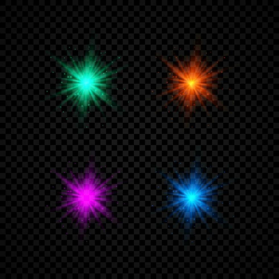 Light effect of lens flares. Set of four green, red, purple and blue glowing lights starburst effects with sparkles on a dark vector