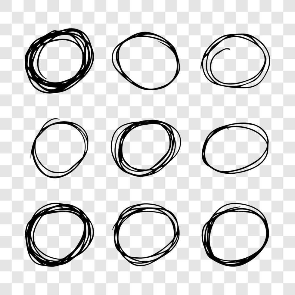 Hand drawn scribble circles. Set of nine black doodle round circular design elements vector