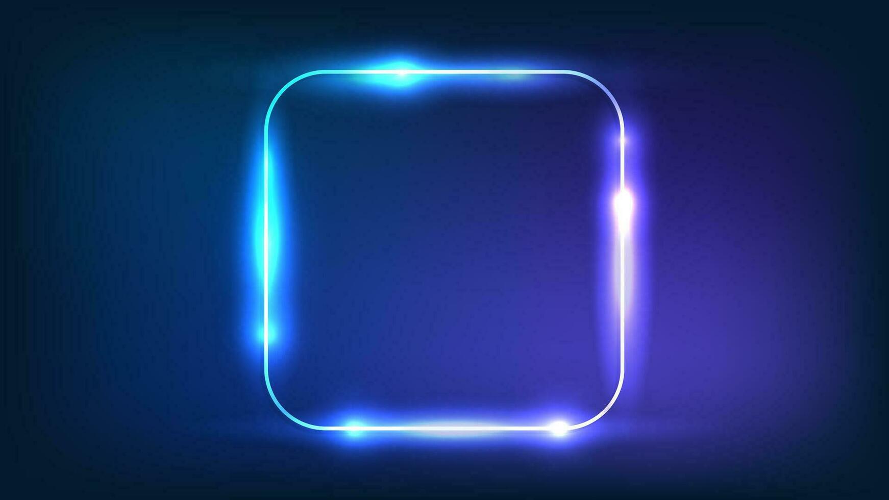 Neon rounded square frame with shining effects on dark background. Empty glowing techno backdrop. Vector illustration.