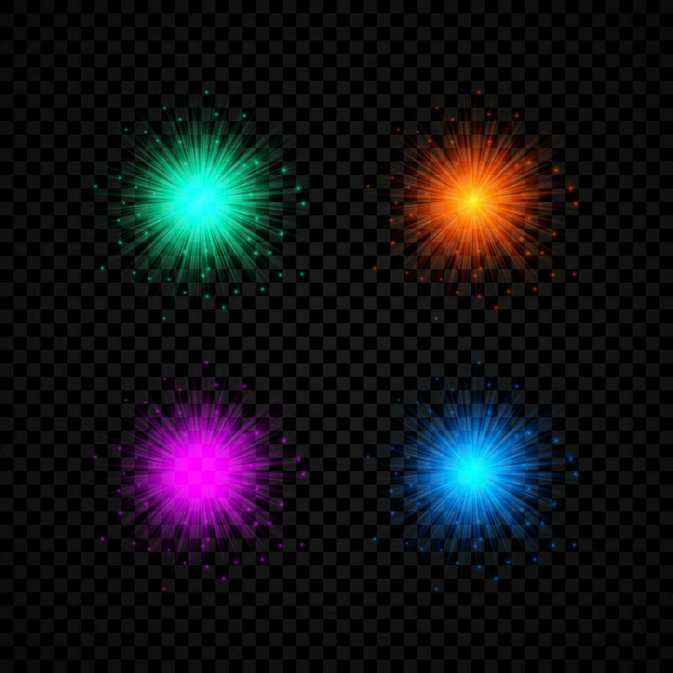 Light effect of lens flares. Set of four green, orange, purple and blue glowing lights starburst effects with sparkles vector