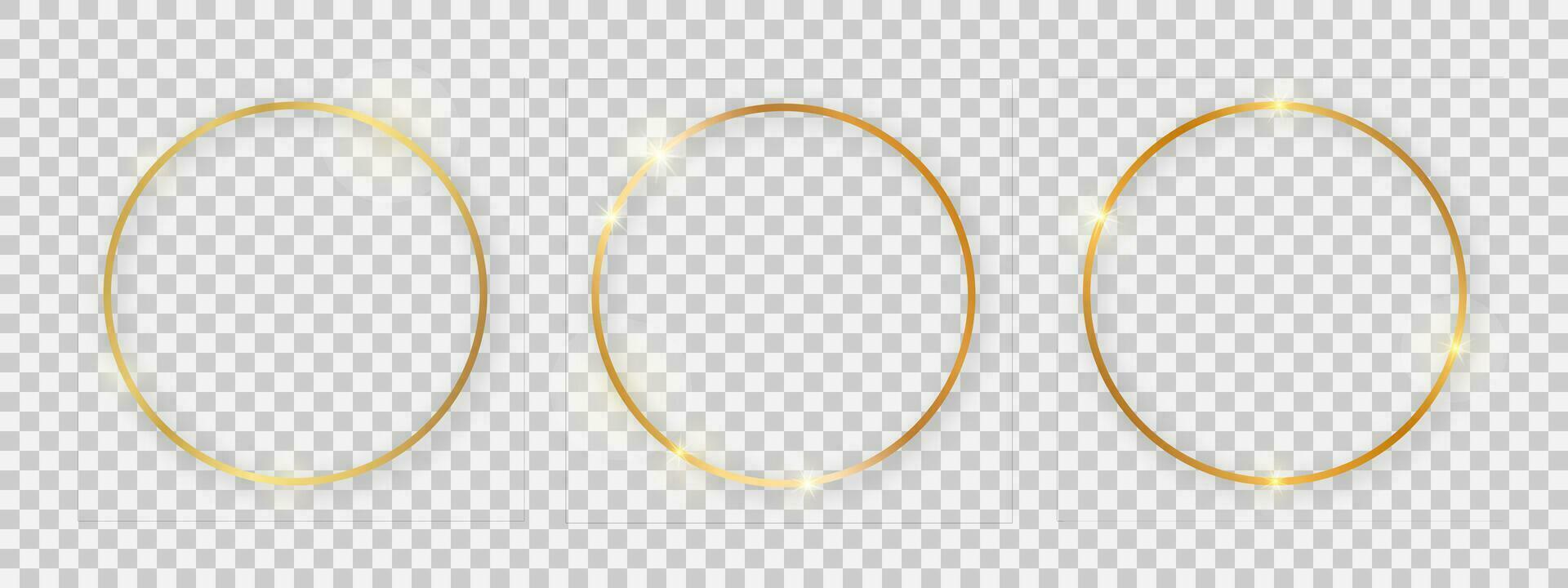 Round shiny frames with glowing effects. Set of three gold round frames with shadows vector