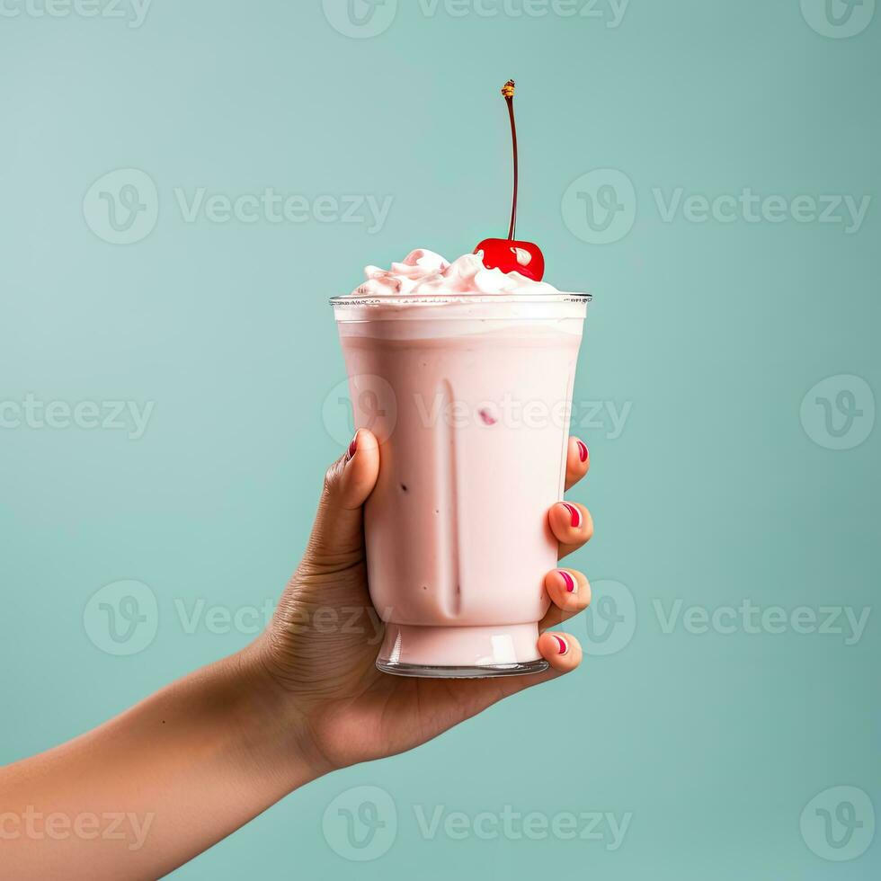 Female hand holding pink milkshake with cherry on blue background. photo