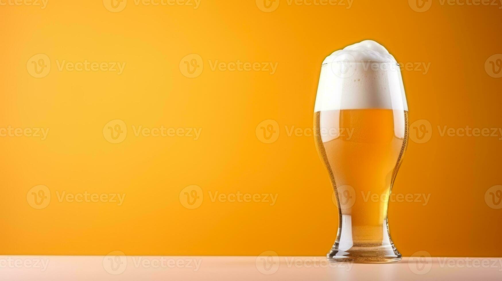 Beer with bubble froth in glass for background on front view wave curve shape background with empty space for text photo