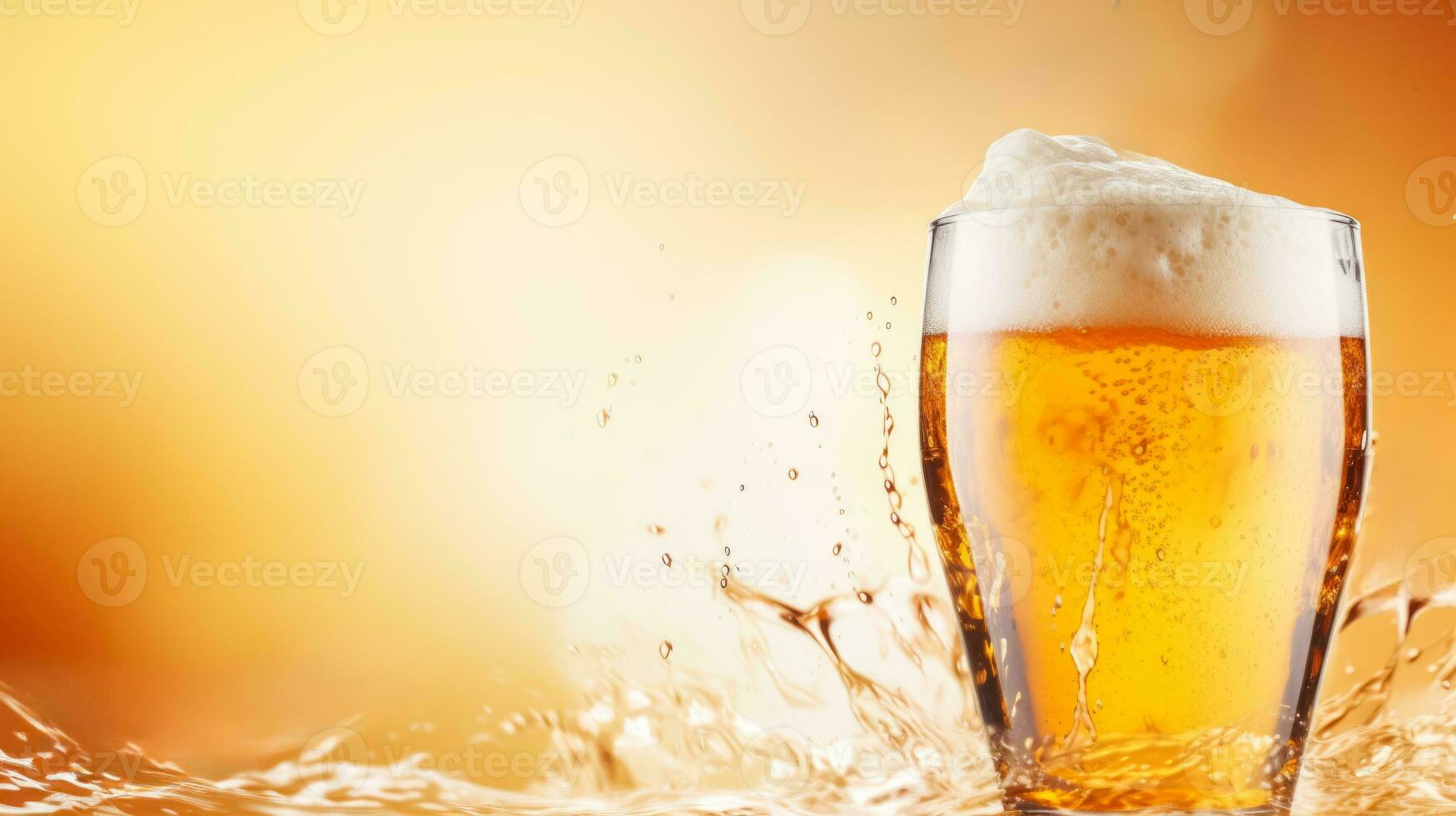 Pouring beer with bubble froth in glass for background on front view wave curve shape background with empty space for text photo