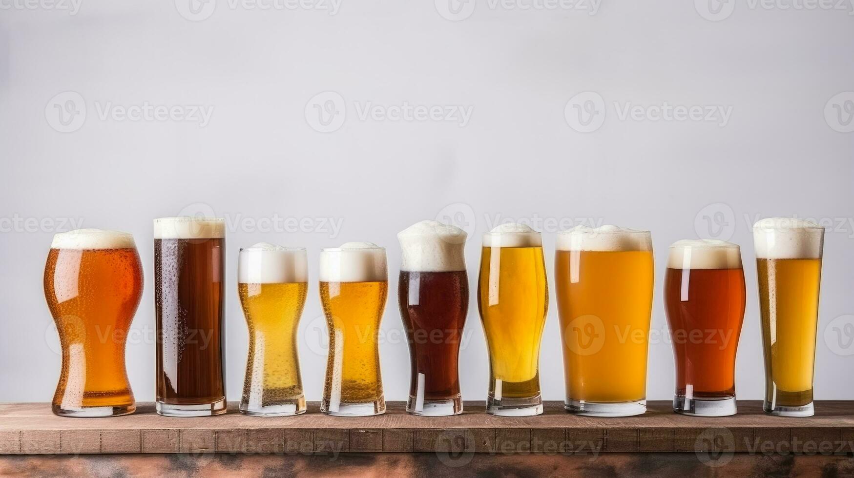 Variety of full frothy lager glasses and sizes top view photo