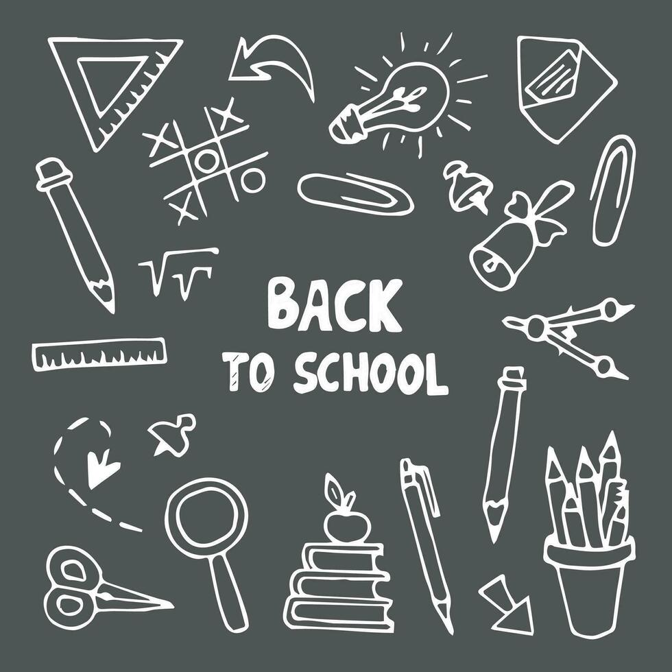 Back to school set with objects and school supplies isolated on dark gray background. vector