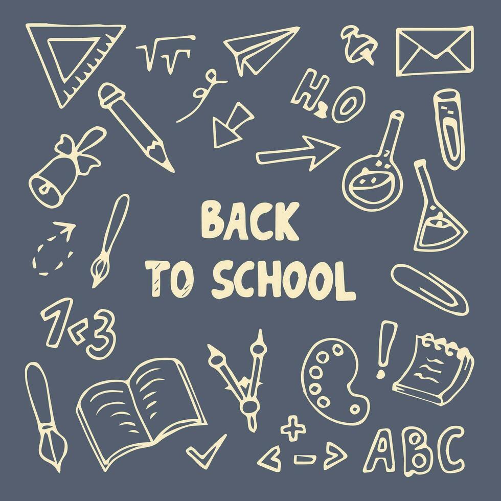 Back to school set with objects and school supplies isolated on dark gray background. vector