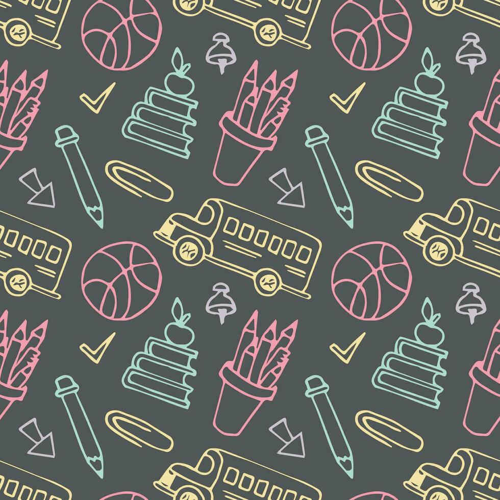 Back to school seamless pattern.Seamless pattern with objects and school supplies isolated on dark gray background. vector