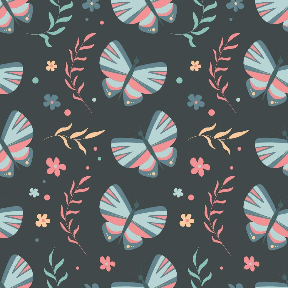 Seamless pattern with butterflies isolated on dark gray background. Pattern for fabric, tablecloth, bedding, gift wrap, notebook cover vector