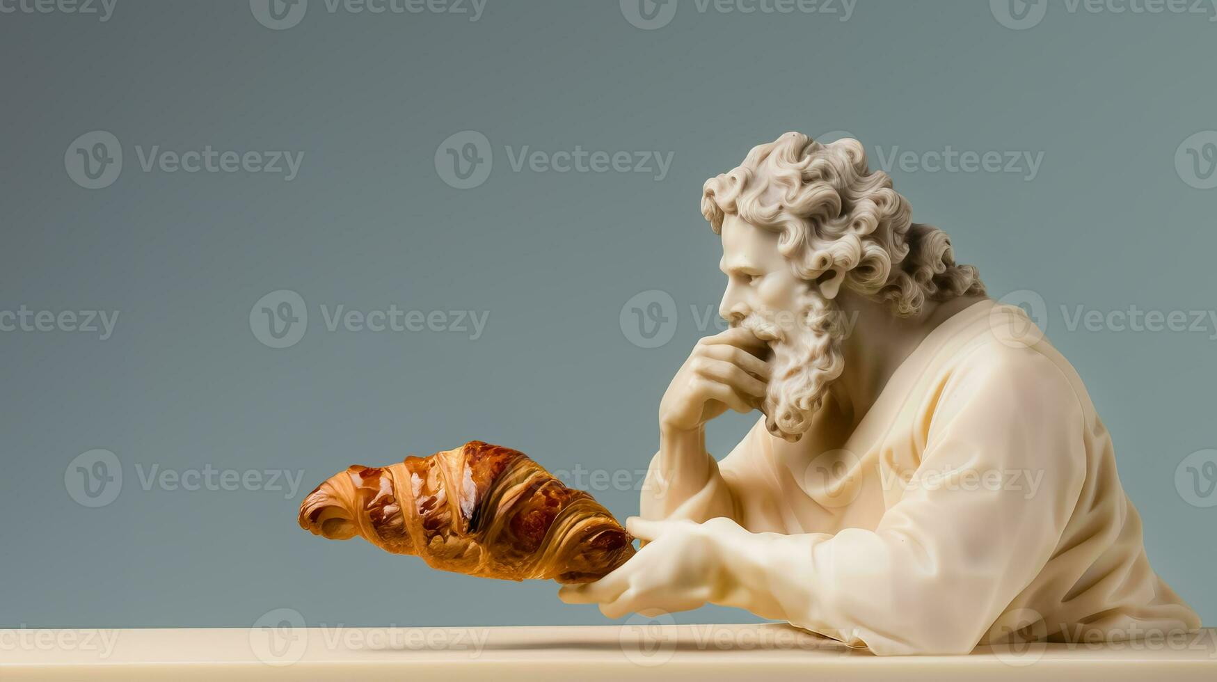 Art sculpture of ancient Italian from marble with a croissant isolated on a pastel background with a copy space photo