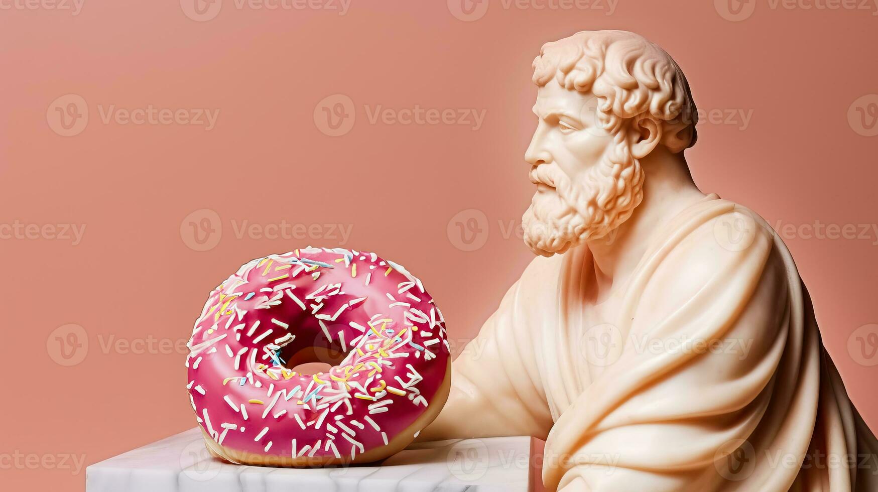 Art sculpture of ancient Italian from marble with a donut isolated on a pastel background with a copy space photo