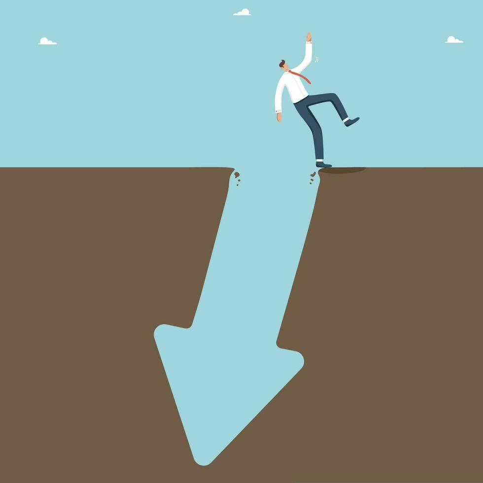 High riskiness of investments, financial difficulties, decline in the value of a business or shares, defeat and failure, economic crisis, losing strategy, man falls into hole in form of an arrow down. vector