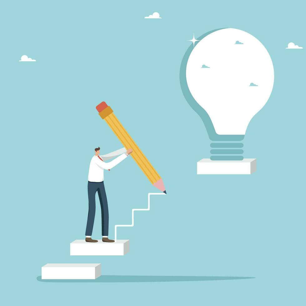 Looking for new opportunities to achieve success, creative thinking to create brilliant idea or innovation, strategies or ways to achieve business goals, man draws steps to light bulb door with pencil vector