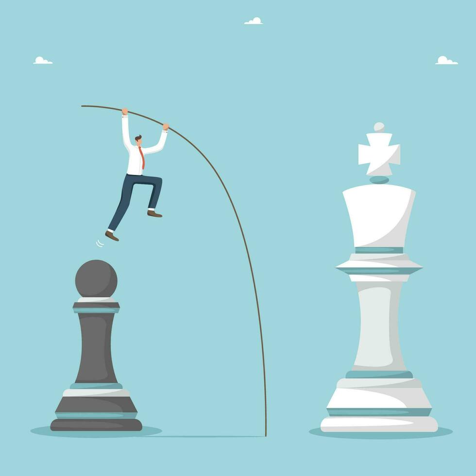 Planning to achieve goals, winning strategy to defeat a competitor, methods and ways to move up career ladder, achieving heights through hard work, man using pole jumps from pawn to king chess piece. vector