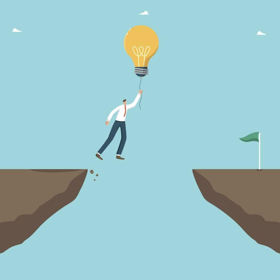 Brilliant idea or innovations to overcome economic crisis, creative method for solving business problems, logic or intelligence to achieve goals, strategic planning, man flies on light bulb over cliff vector