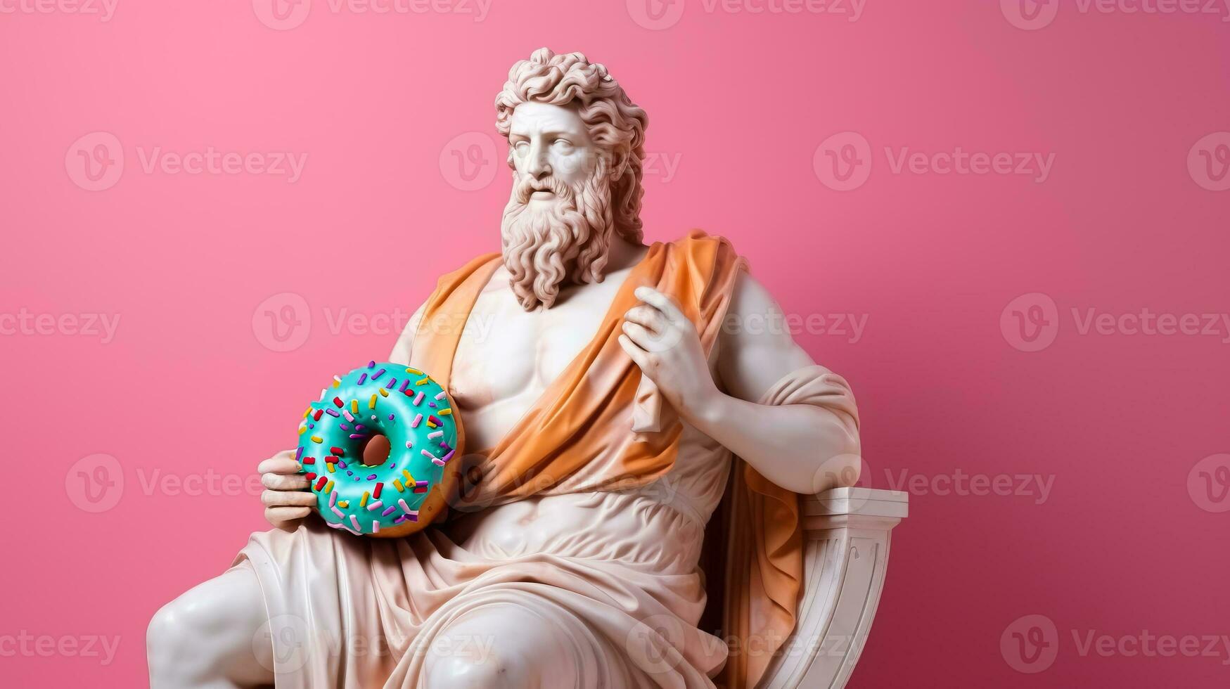 Art sculpture of ancient Italian from marble with a donut isolated on a pastel background with a copy space photo