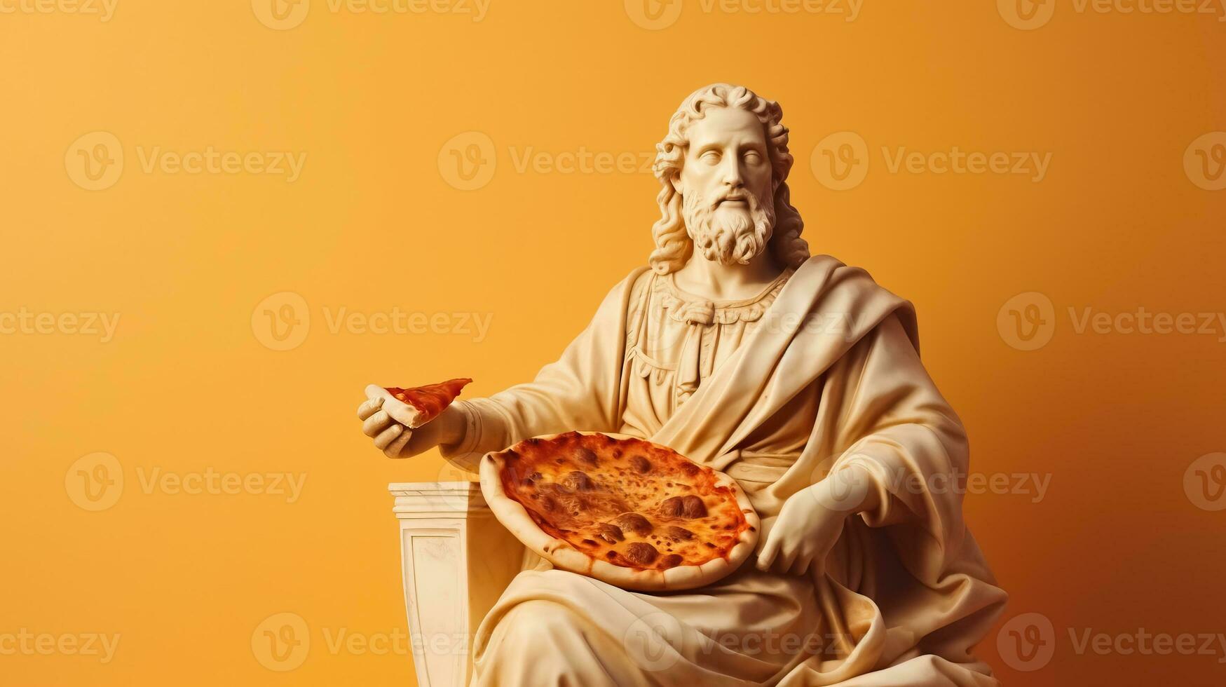 Art sculpture of ancient Italian from marble with pizza isolated on a pastel background with a copy space photo