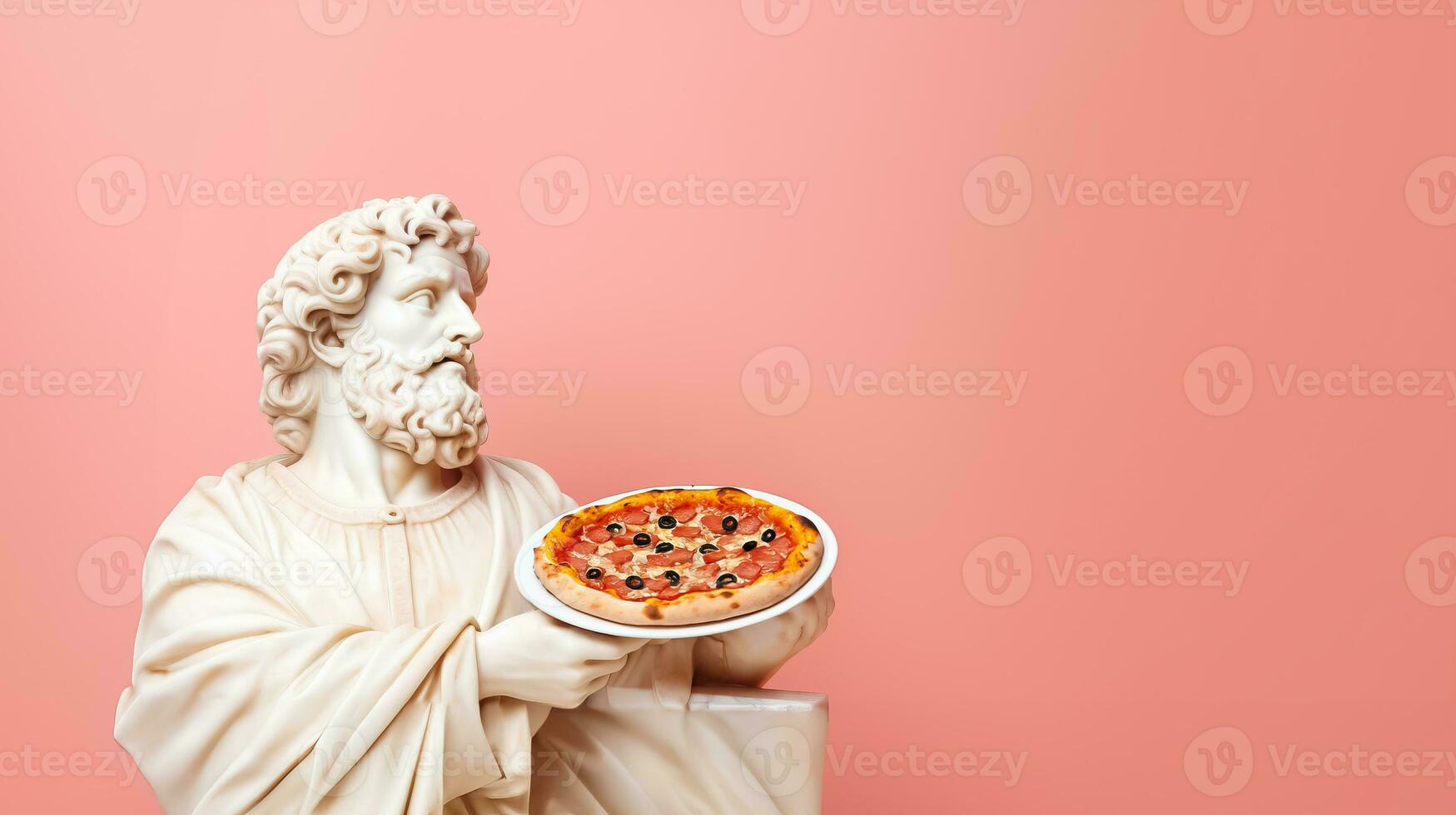 Art sculpture of ancient Italian from marble with pizza isolated on a pastel background with a copy space photo