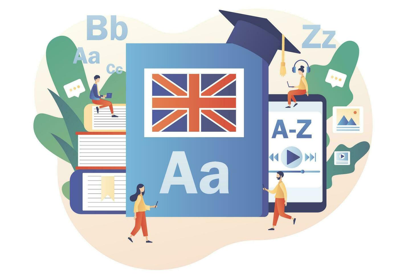 Tiny people learning English with smartphone, laptop, book. Language courses or school online. Distance education. Modern flat cartoon style. Vector illustration on white background