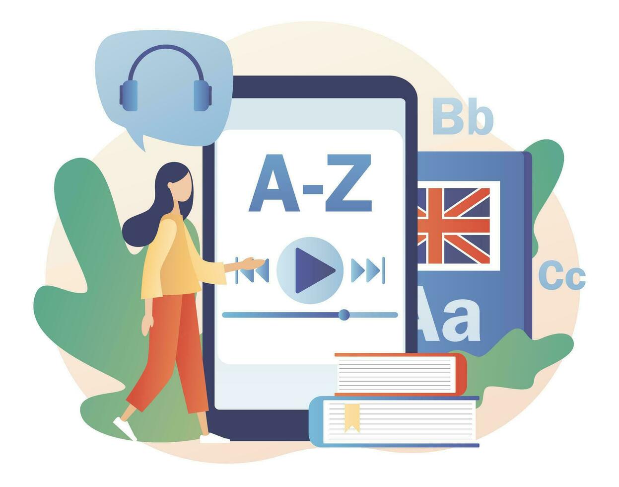 Tiny girl learning English with smartphone and book. Language courses or school online. Distance education. Modern flat cartoon style. Vector illustration on white background
