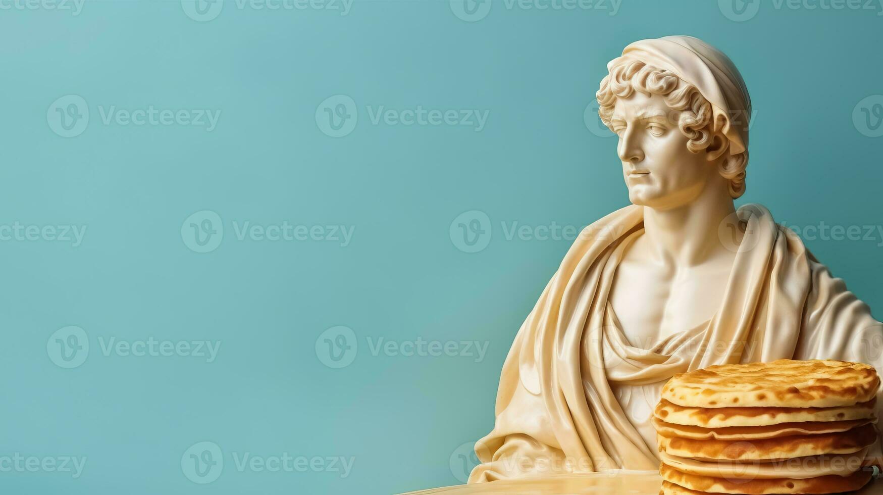 Art sculpture of ancient Italian from marble with a pancake isolated on a pastel background with a copy space photo
