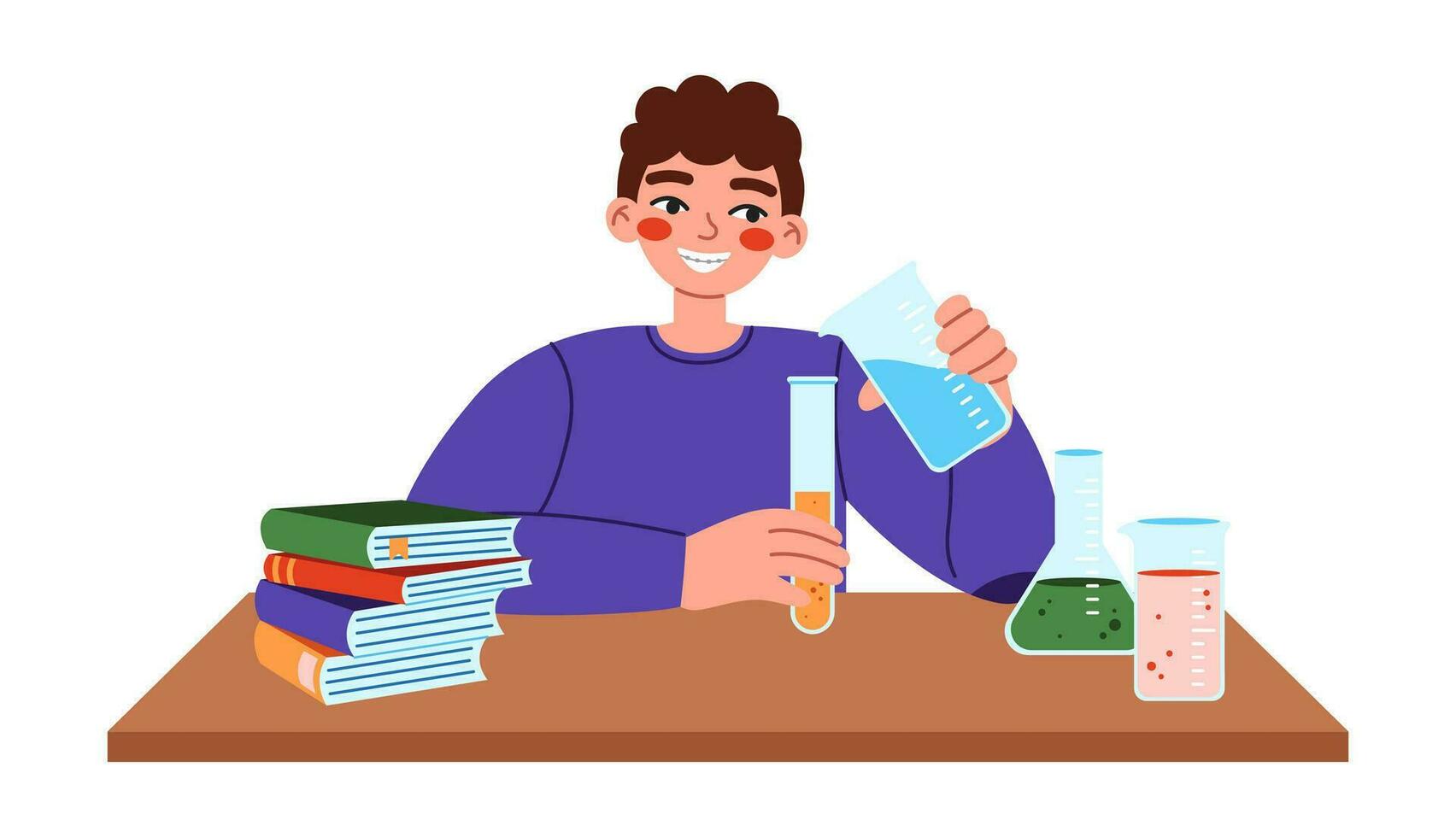 Cute school boy sitting at desk on chemestry lesson. Flat vector illustration on white background.